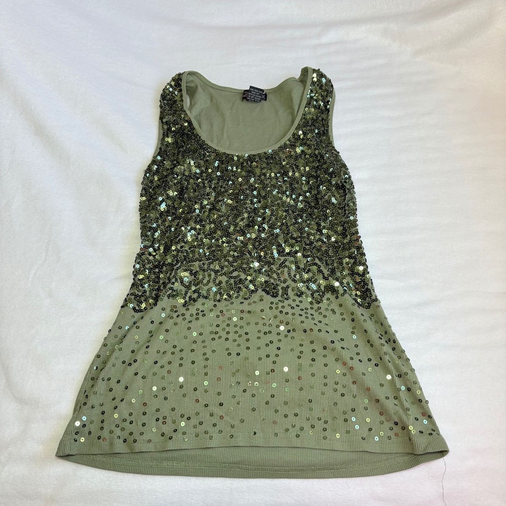 Questions by Say Who Vintage Sequin Babydoll Tank Top Olive Green XL Y2K Ribbed
